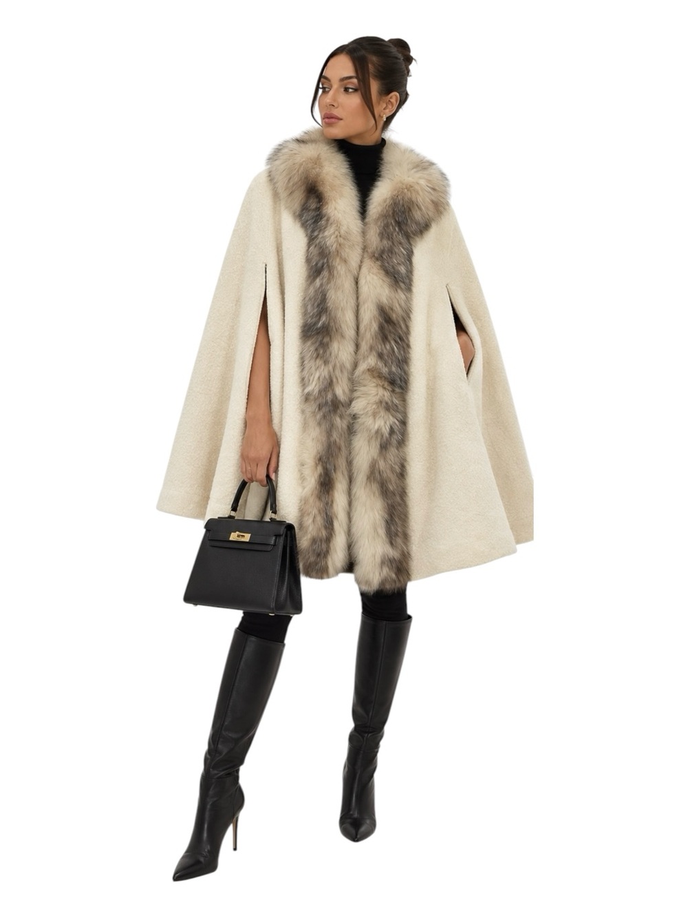 Vintage Ivory Wool Cape Genuine Fox Fur Trim Swing Cloak Coat